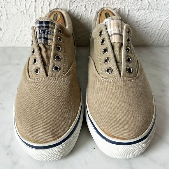 Sperry Top-Sider Tan Canvas Laceless Slip-On Sneakers Plaid Trim Men's 9.5 - Picture 3 of 7